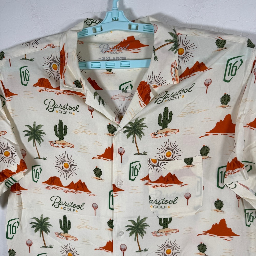 Barstool Golf Shirt Mens 2XL Cream Desert Cactus Palm Tree Print Button Up